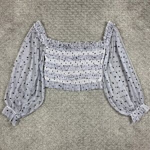 Lace & Beads Top Womens 14 Lavender Mesh Polka Dot Sheer Cropped Ruffle Blouse